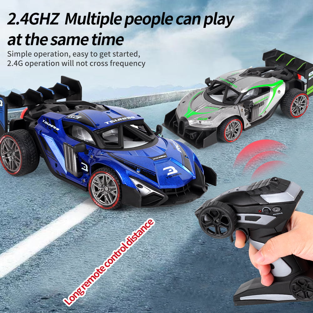 2 Pack Alloy Remote Control Car, 1/18 Scale 2.4g Mhz High-speed Racing Drift Stunt Car, Top Speed 20 Km/h, Waterproof,with One Rechargeable Batteries and Atomization System, Excellent Xmas Gifts