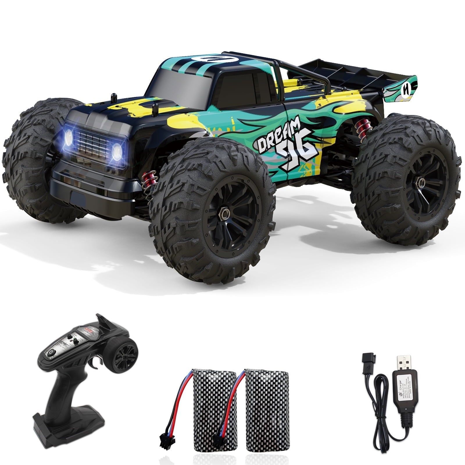 1:16 Scale Ready to Run Fast Remote Control Car, High Speed Jump RC Monster Truck, 36 Km/h Off Road RC Cars, 4WD All Terrain RC Truck with 2 Batteries for Boys and Adults