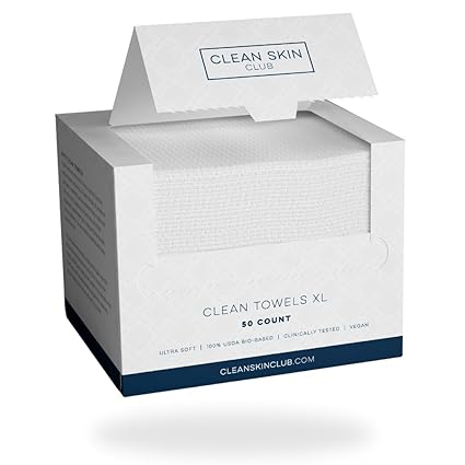 Clean Skin Club Clean Towels XL, 100% USDA Biobased Face Towel, Disposable Face Towelette, Makeup Remover Dry Wipes, Ultra Soft, 50 Ct,