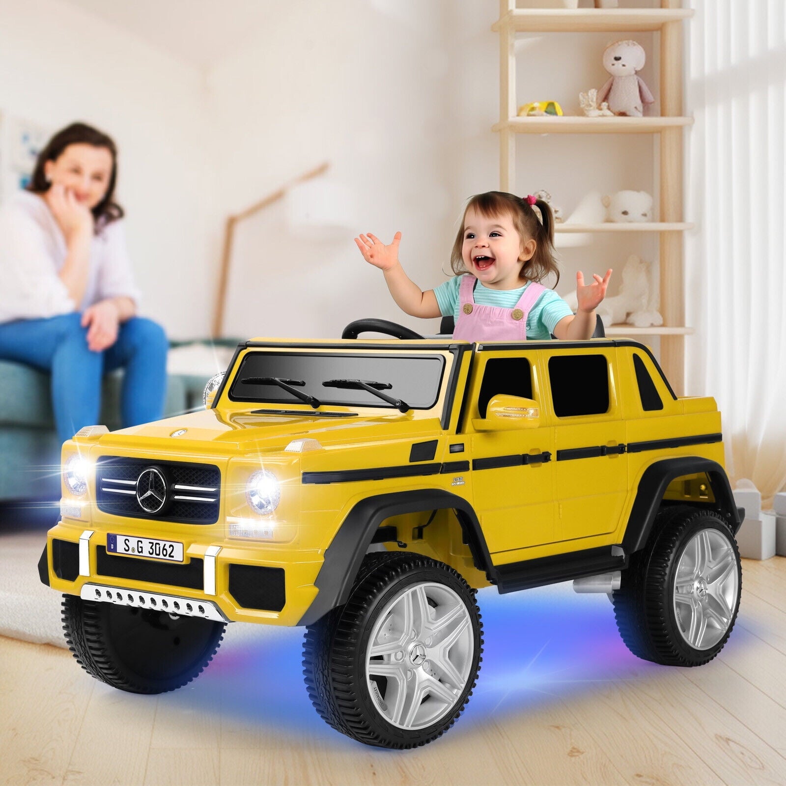 12V Kids Ride on Car 3 Speeds Licensed Mercedes-Benz Electric Toy w/ Bluetooth, Remote Control, LED Lights (Yellow)