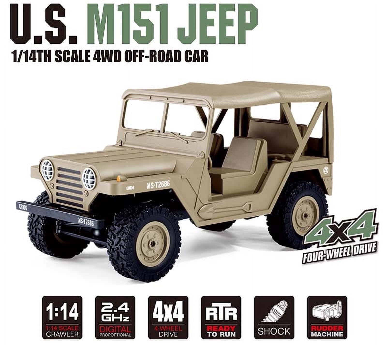 2.4Ghz Remote Control 1/14 Scale U.S M151 Jeep Military Vehicle 4WD Crawler Car RTR (Army Desert)