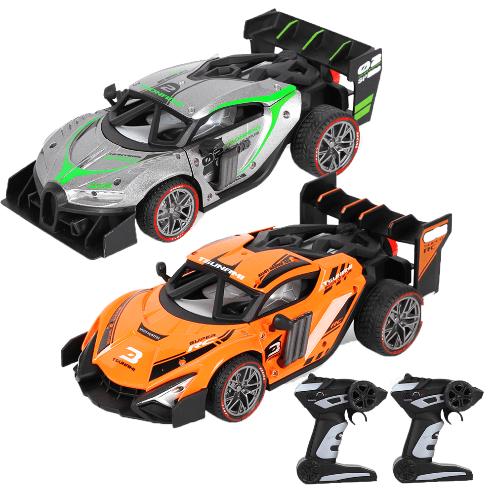 2 Pack Alloy Remote Control Car, 1/18 Scale 2.4g Mhz High-speed Racing Drift Stunt Car, Top Speed 20 Km/h, Waterproof,with One Rechargeable Batteries and Atomization System, Excellent Xmas Gifts