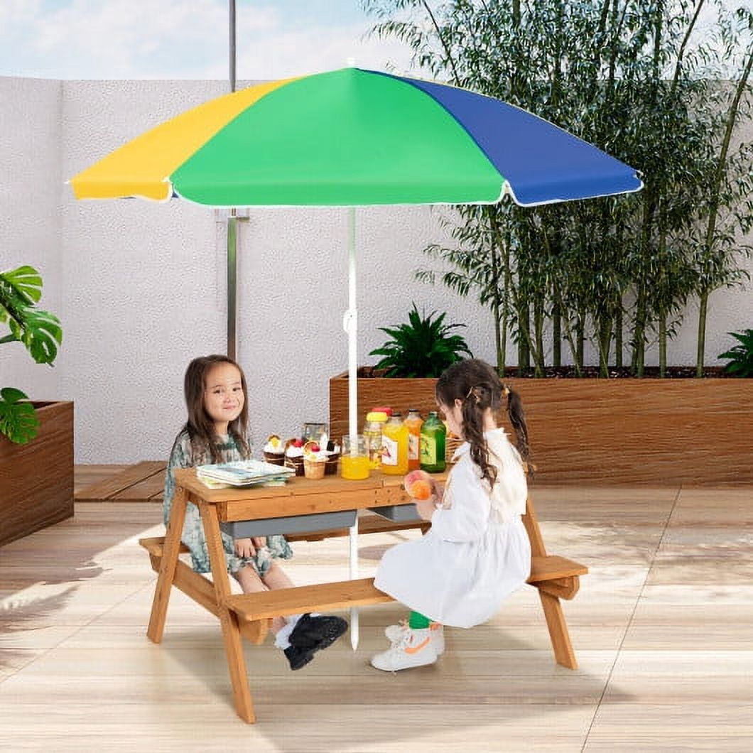 3 in. 1 Kids Outdoor Picnic Water Sand Table with Umbrella Play Boxes Yellow