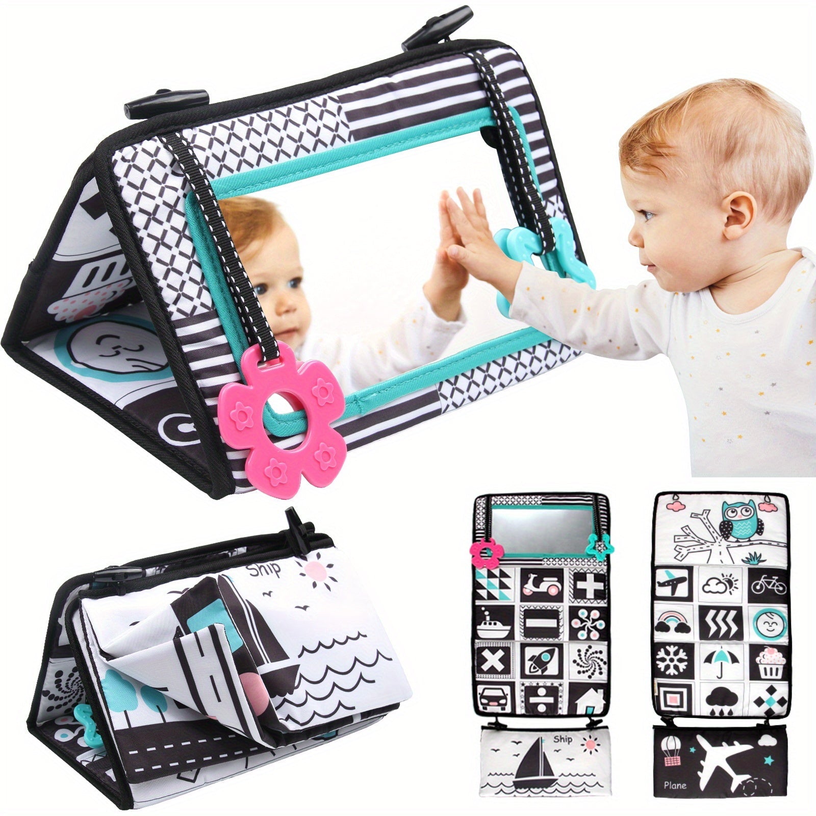 Boost Your Baby's Development - Tummy Time Floor Mirror with High Contrast Black & White Toys & Crinkle Cloth Books!