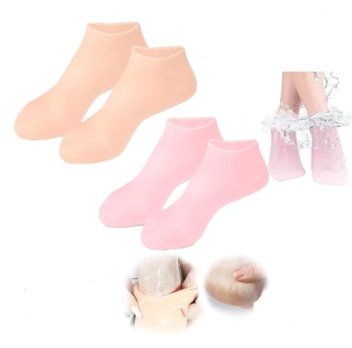 Moisturizing Foot Mask Exfoliating Silicone Socks Beach Protective Socks, Women Foot Spa Pedicure Silicone Socks, Anti Slip Moisturizing Soft Gel Socks for Repairing Cracked Heel Dry Feet (Pink+Orange