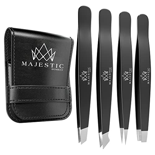 Majestic Bombay Fine Point + Slant Tweezers for Women and Men – Splinter Ticks, Facial, Brow and Ingrown Hair Removal–Sharp, Needle Nose, Surgical Tweezers Precision best tweezers for chin hair