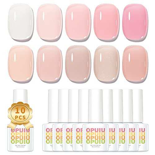 OPUIU 10 Pcs Jelly Nude Pink Gel Nail Polish Set Summer Transluscent Sheer Gel Polish Kit UV LED Soak Off Icy Transparent Home DIY Nail Gel