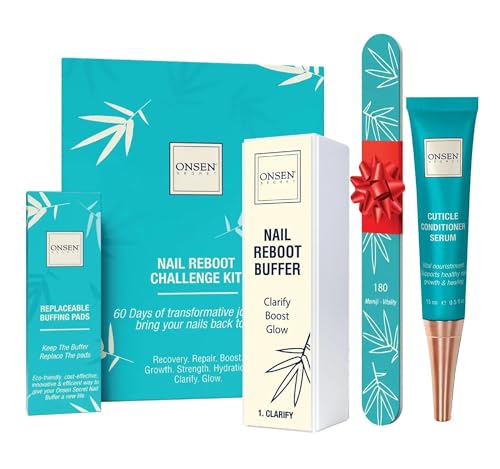 Onsen Secret Essential Nail Reboot Kit (Serum) - Professional Nail File, 3-Way Nail Buffer Block Nail File w/Replacement Pads & Nail Strengthening Cuticle Cream for Healthy Nails