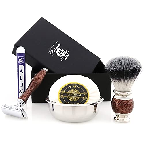 Old School Men's Shaving Set ft Synthetic Brush, DE Safety (Blades Not Included), Engraved Bowl & Soap| Gift for Him