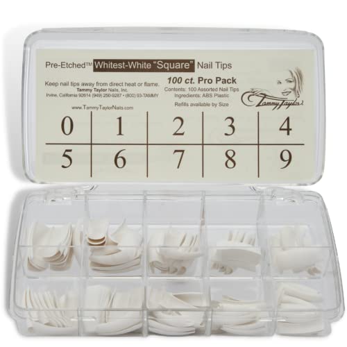 Tammy Taylor Pre-Etched Whitest-White Square Nail Tips | Will Not Crack or Shrink, With Double The Strength of Standard Tips | Home & Pro Application (100ct)