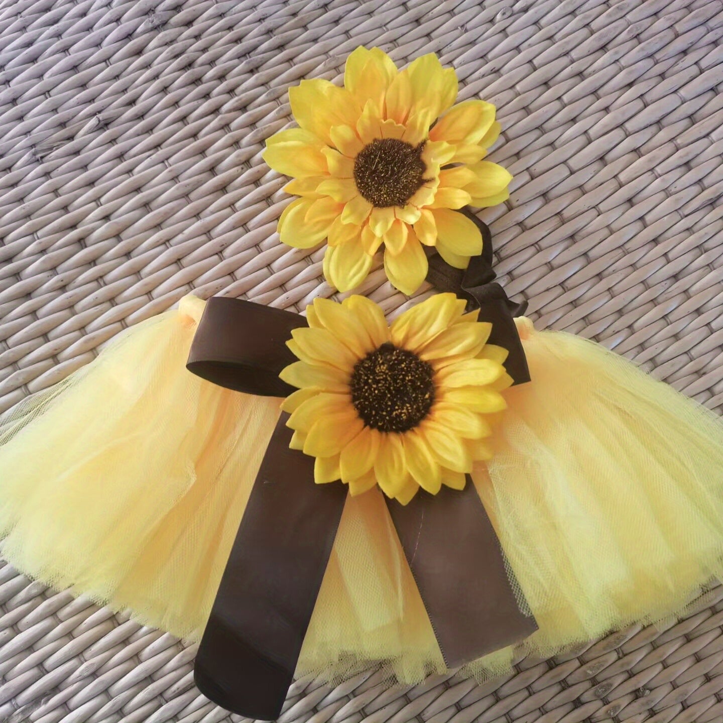Newborn Baby Sunflower Tutu Bow Skirt, Toddler Baby Girls Headdress Flower Photography Prop Outfit Costume