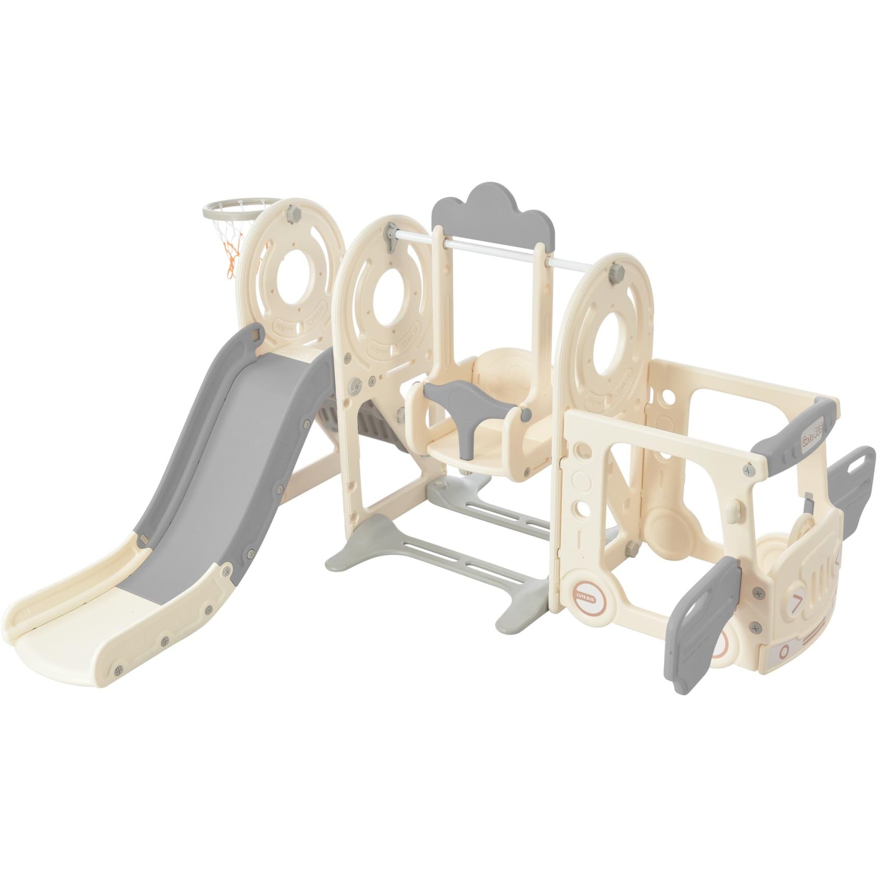 5 in 1 Toddler Slide and Swing Set, Bus Themed Kid Slide for Toddlers Age 1-3, Baby Slide with Adjustable Swing and Basketball Hoop, Indoor Outdoor Slide Toddler Playset Toddler Playground, Gray