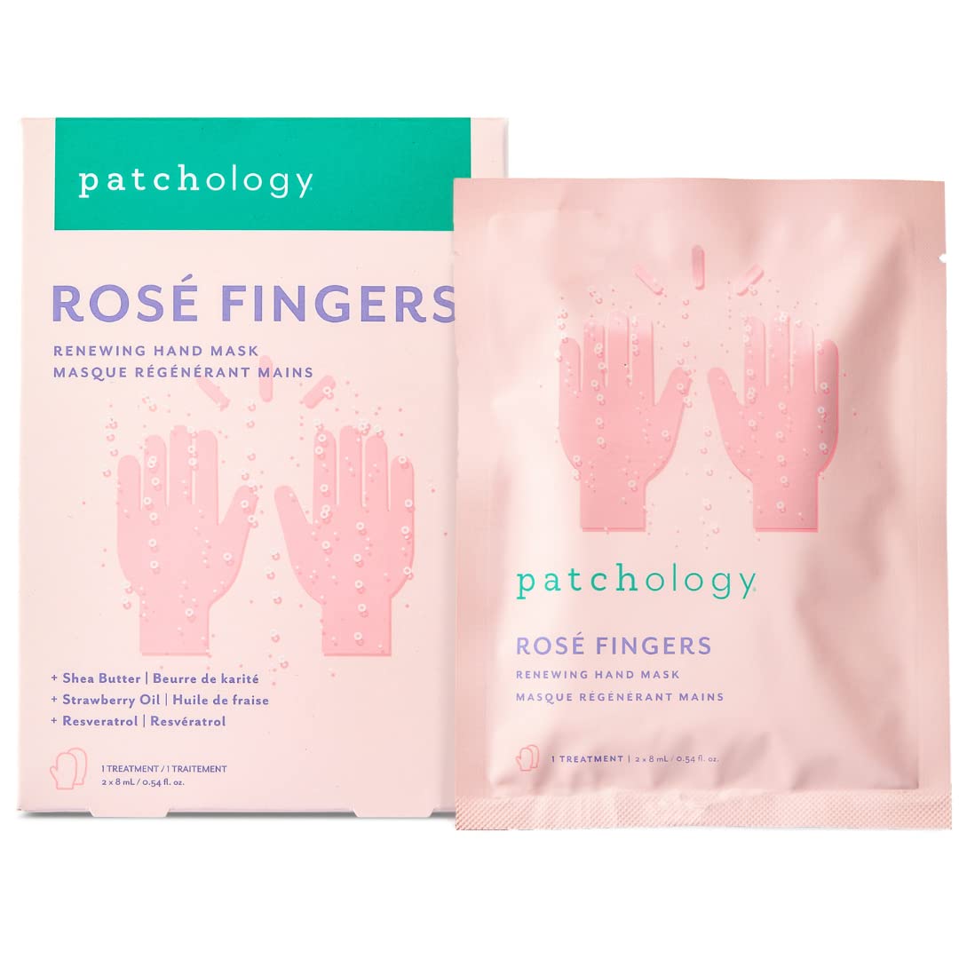 Patchology Rose Fingers Renewing Hand Mask - Strawberry Scented Moisturizing Gloves, Hand Masks for Dry & Cracked Hands, Shea Butter Repairing Hand Masks, Baby Soft Skin Care - 1 Pair