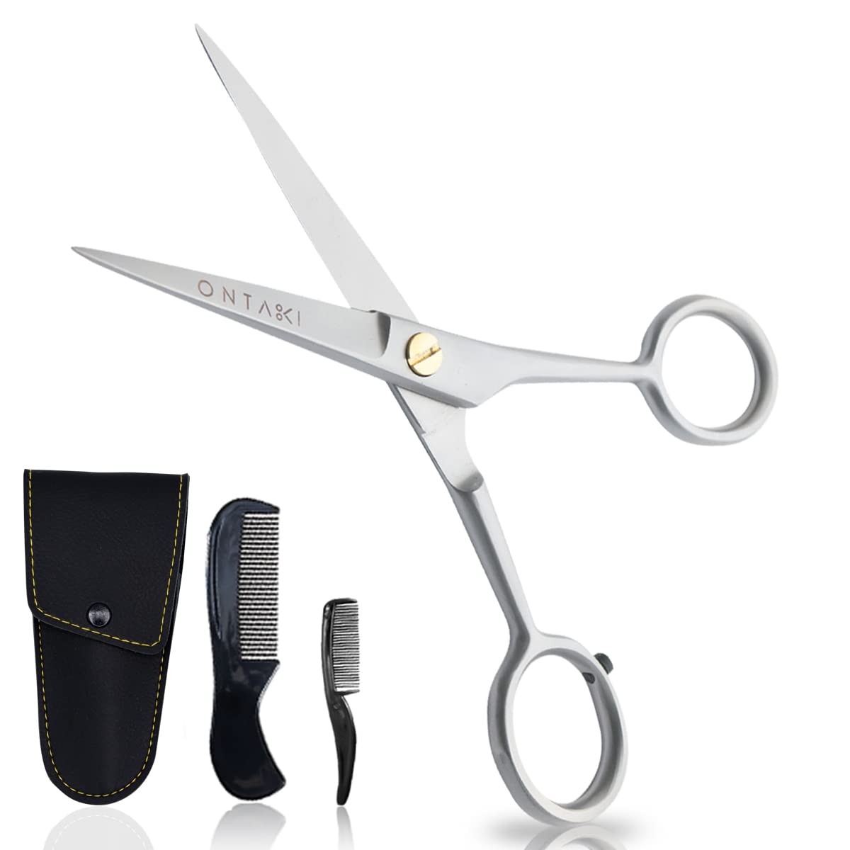 ONTAKI 5” German Beard Scissors & Mustache Scissors - 2 Combs (Beard Comb + Mustache Comb) with Carrying Pouch - Hand Forged Beard Trimming Scissors with Finger Rest (Silver (410C German Steel))