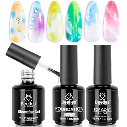 Beetles 3PCS 15ml No Wipe Base Top Coat Nail Blooming Gel Set,Shine Finish and Long Lasting,Soak off UV LED Nail Gel Diy Nail Art Design Manicure Gifts for Women
