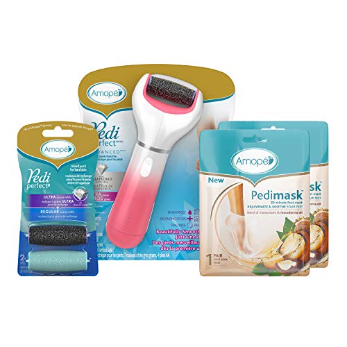 Amope Pedicure Value Kit, Spa Pampering Pack, Self-Care & Relaxation Gift, Contains Pedi Perfect Electric Callus Remover Foot File, 2 Macadamia Oil PediMask Foot Masks, 2 Roller Heads – 4 Pieces