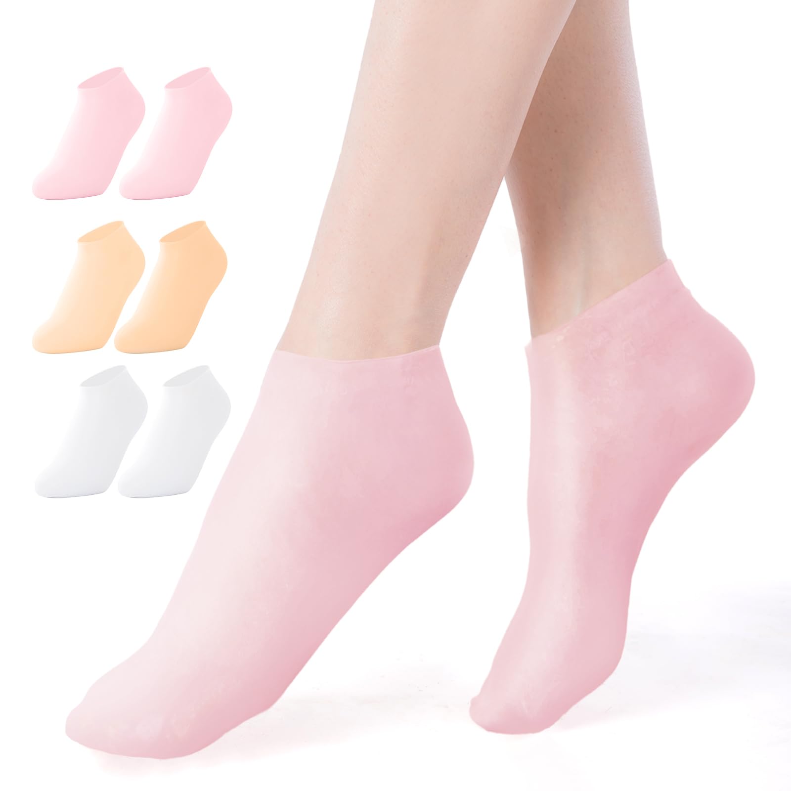 NOVAYARD Silicone Moisturizing Socks Silicone Socks for Women Spa Pedicure Gel Socks for Dry Cracked Feet Anti Slip Aloe Socks 3 Pairs (Pink+Nude+White,M)