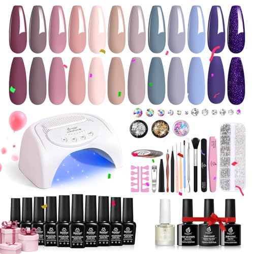 Beetles 12 Colors Gel Nail Polish Starter Kit with U V Light 48W LED Nail Lamp Gel Base Top Coat Cure Nude Pink Blue Gel Polish Glitter Powder Nail Art Rhinestone Gems Manicure Set Gifts for Girls