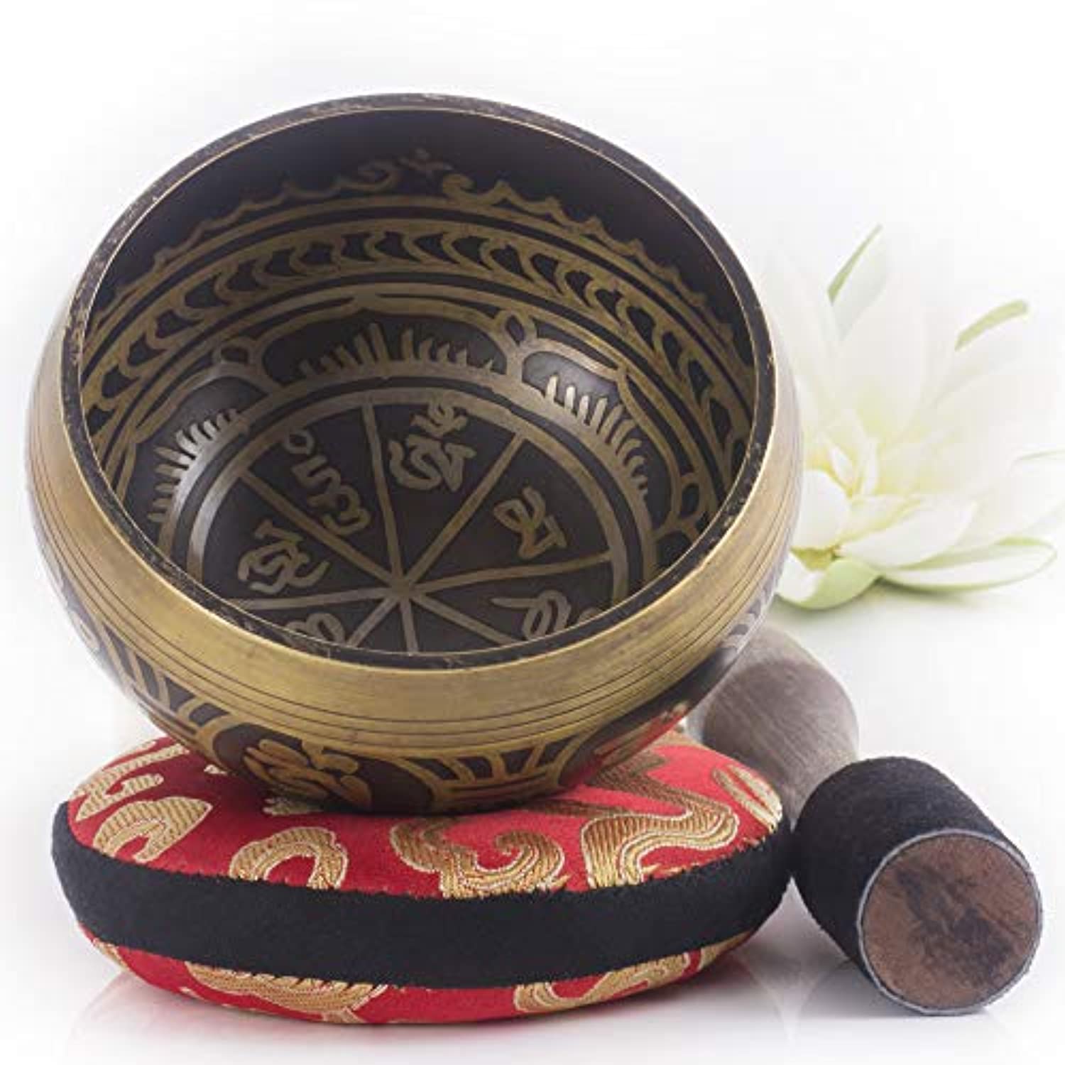 Tibetan Singing Bowl Set  Antique Design  With Dual Surface Mallet and Silk Cushion  Promotes Peace, Chakra Healing, and Mindfulness