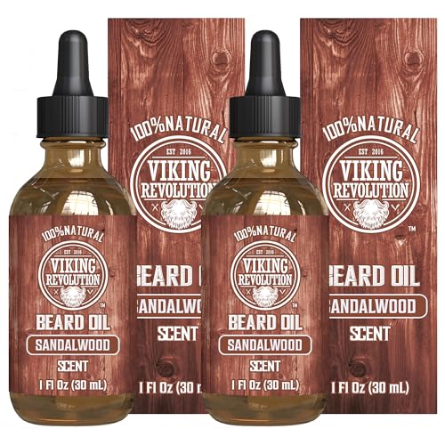 Viking Revolution Hair Styling Agent Beard Oil Conditioner - All Natural Sandalwood Scent with Argan & Jojoba Oils - Softens & Strengthens Beards and Mustaches for Men (Sandalwood, 2 Pack)