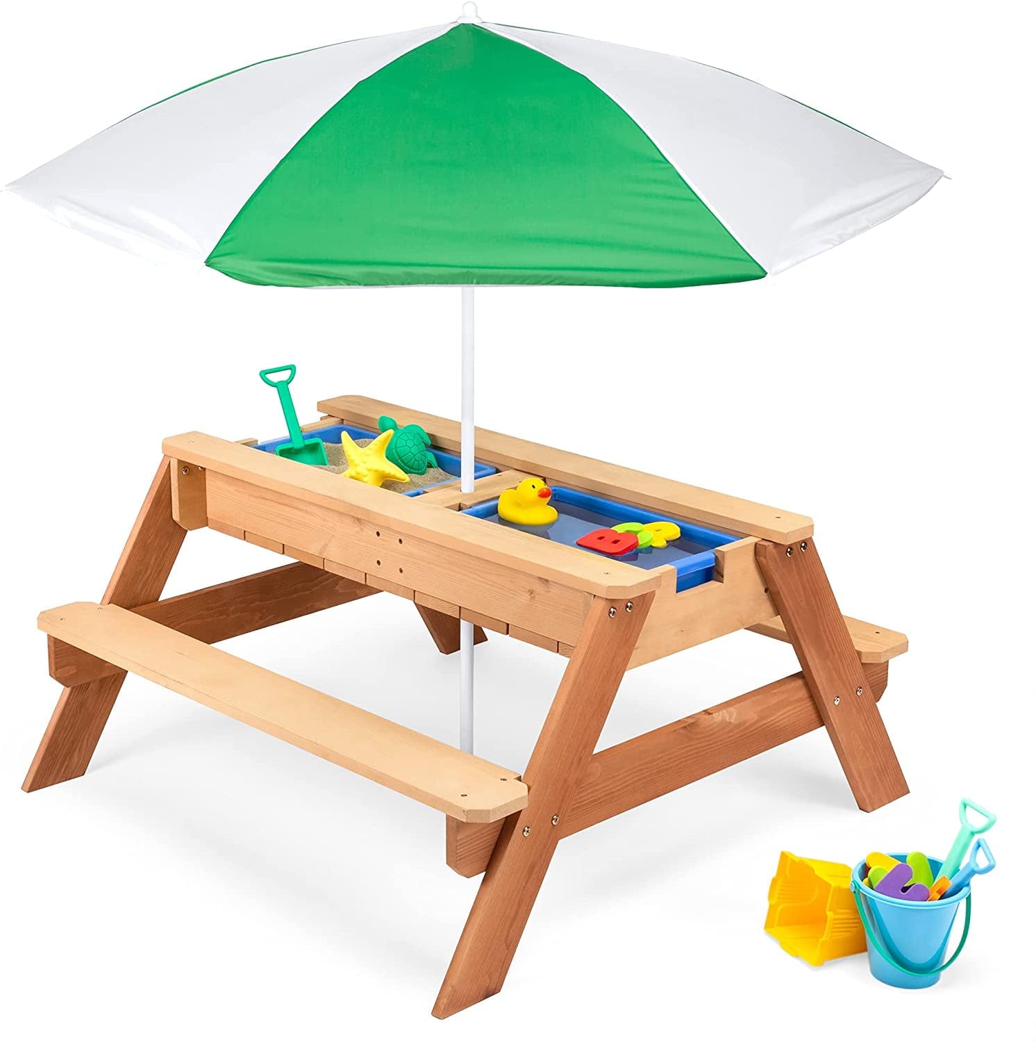 3-in-1 Sand & Water Activity Table, Wood Outdoor Convertible Picnic Table w/ Umbrella, 2 Play Boxes, Removable Top - Green
