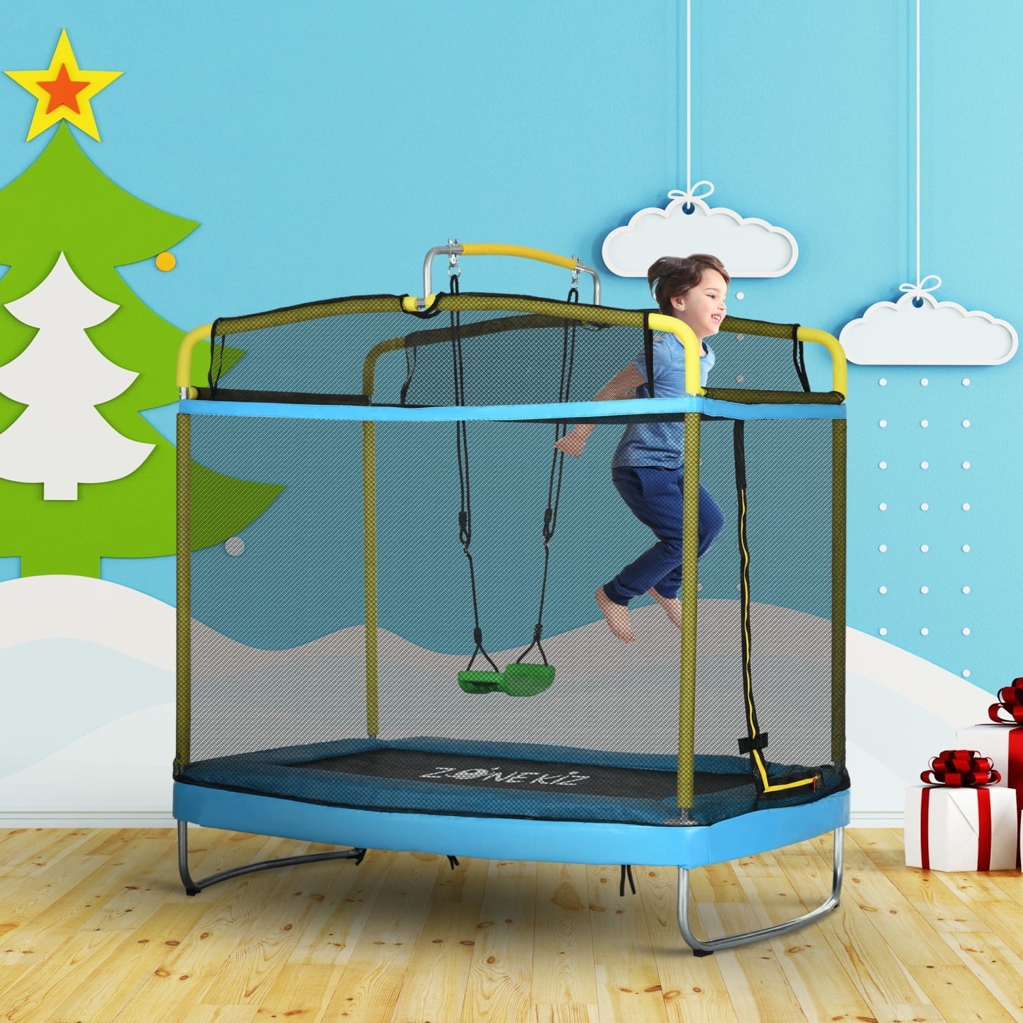 6.9FT Toddler Trampoline for Outdoor/Indoor, Kids Trampoline with Enclosure, Swing, Gymnastics Bar, Rectangle Trampoline Small Kids Trampoline for Toddlers Age 3+, Blue
