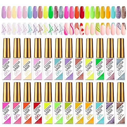 24 Colors Painting Drawing Liner Gel Nail Polish,Neon Nail Art Gel Polish Kit Nail Art Design UV Led Gel Polish DIY Set 3D Gel Nail Paint Pull for Line