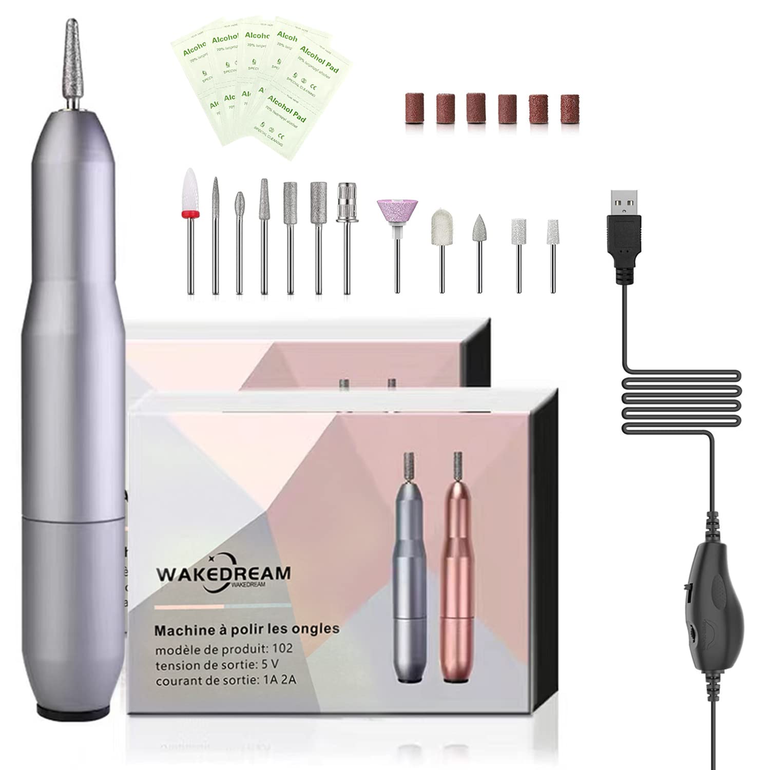 WakeDream 12 in 1 Electric Nail Drill, Professional Powerful and Quiet Nail File Machine, Portable Electric Nail File Set with Nail Drill Bits Sanding Bands for Acrylic Gel Nails（Silver）