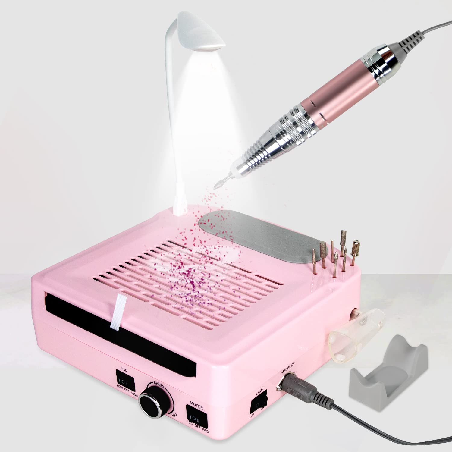 4 in1 Nail Dust Collector, Professional 30000rpm Electric Nail Drill Machine, 45W Nail Dust Collector for Acrylic Nails, Nail Fan Dust Collector with Hand Rest Desk LED Lamp for Salon Home