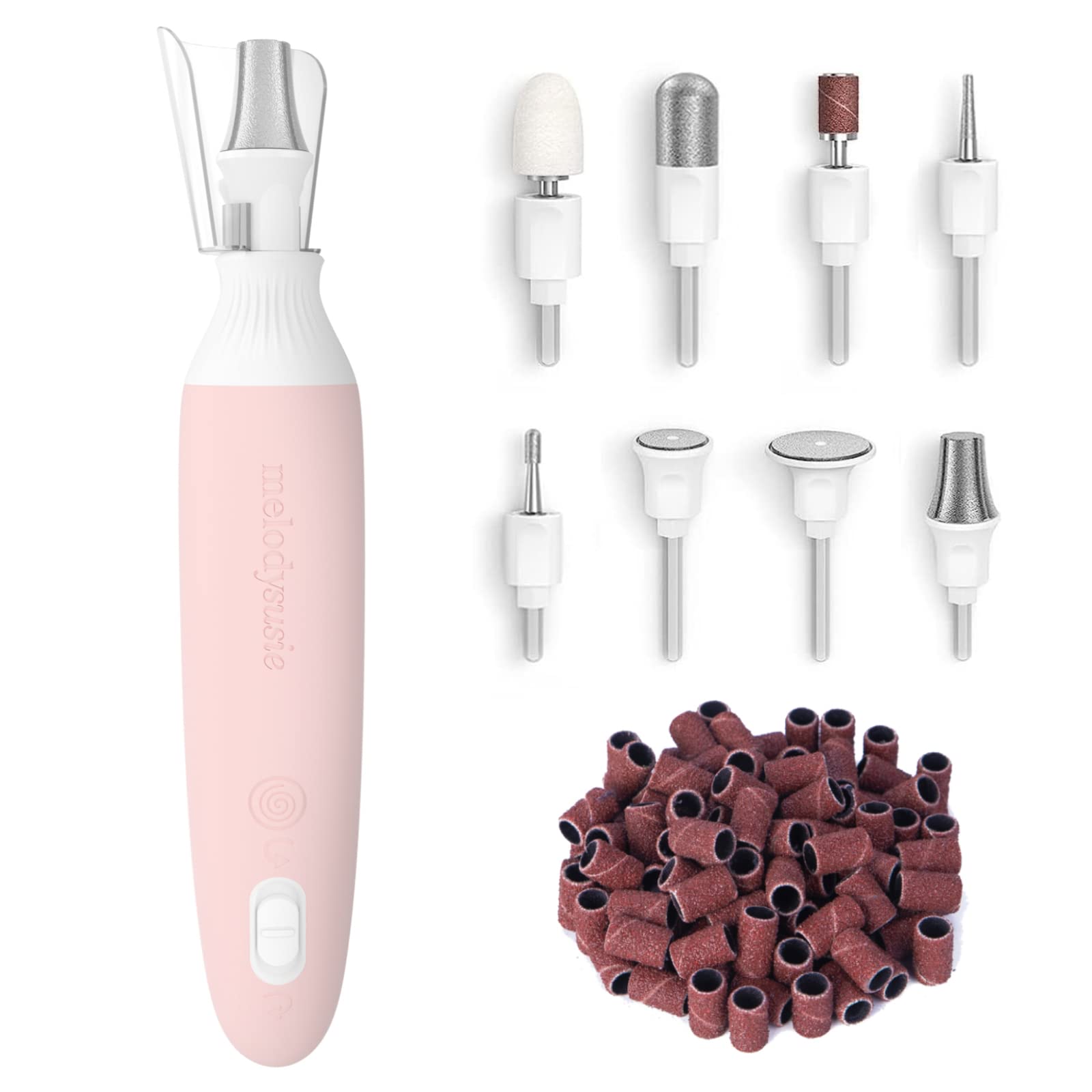 Melodysusie Professional Manicure Pedicure Kit, Electronic Nail File 8 in 1 Kit Portable Nail Drill for Dead Skin Thick Callus, Hand Foot Nail Care Tool, 8pcs Nail Drill Bits 50pcs Sanding Bands, Pink
