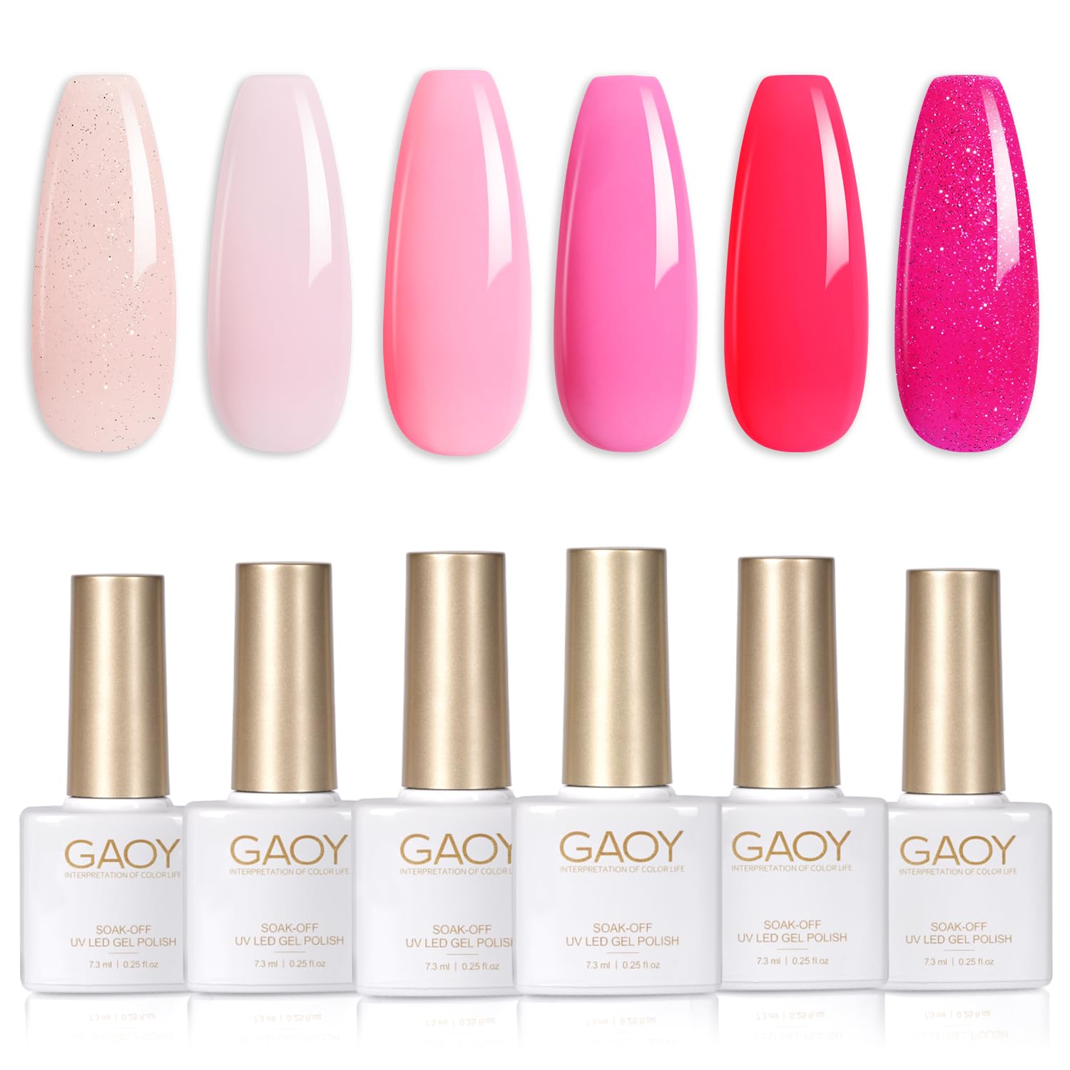 GAOY Pink Glitter Gel Nail Polish Set, 6 Colors Nude Neon Sparkle Soak Off Gel Polish Kit for Salon and Nail Art DIY at Home