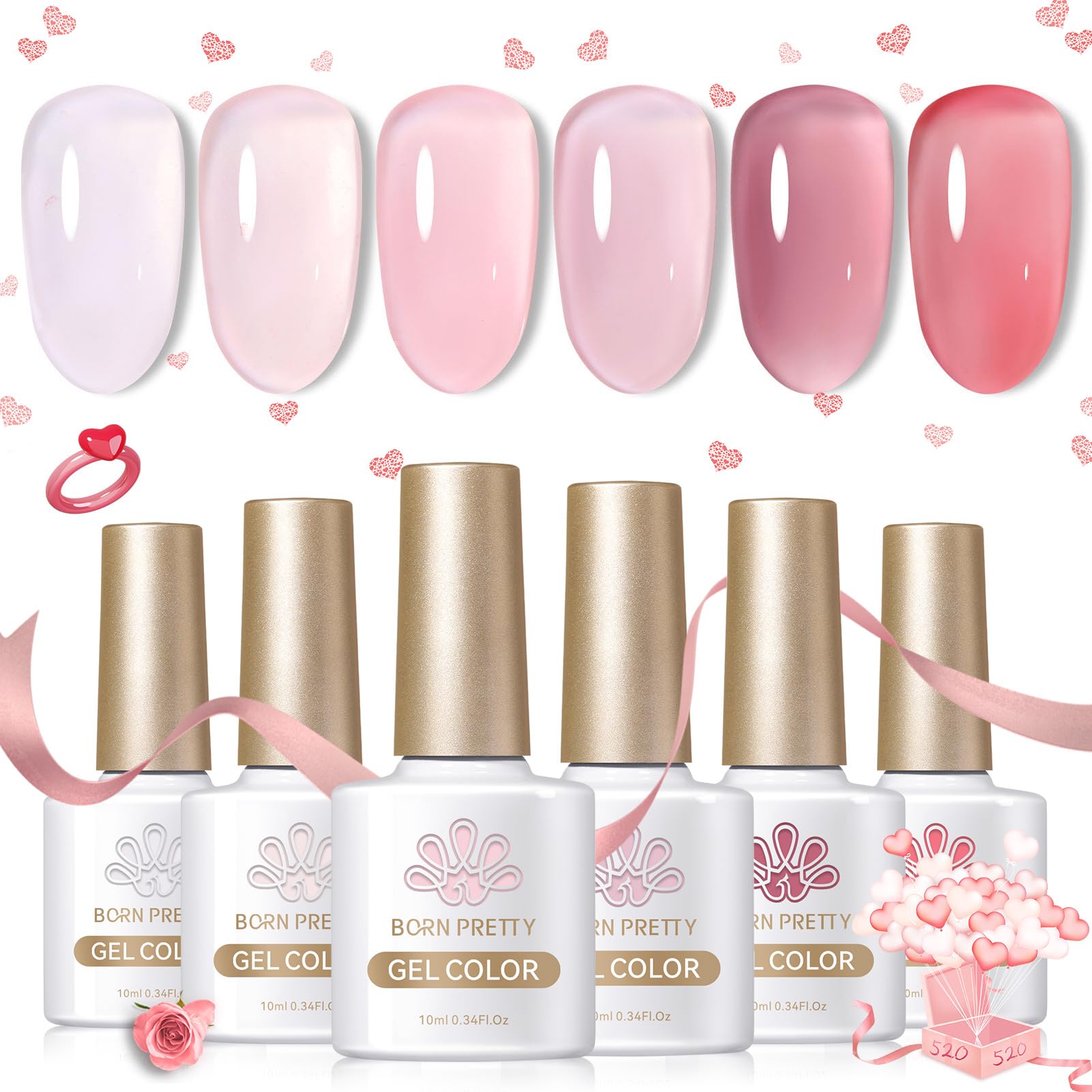 Born Pretty Jelly Gel Nail Polish Sheer Pink Gel Nail Polish Crystal Transparent Milky Gel Polish Kit Nail Art Varnish Collection Valentine's Day Gift Set 10ML 6PCS