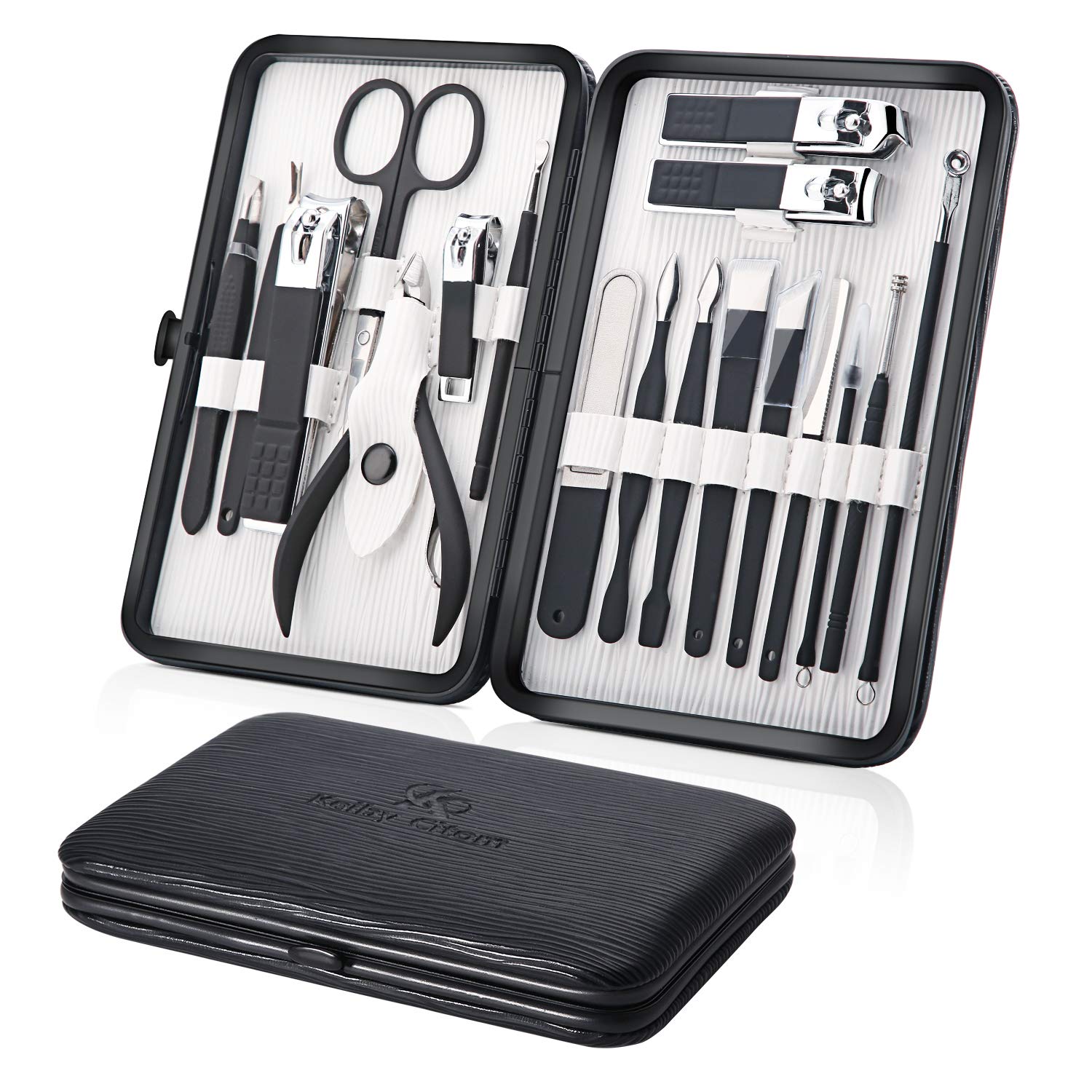 Keiby Citom Professional Stainless Steel Nail Clipper Travel & Grooming Kit Nail Tools Manicure & Pedicure Set of 18pcs with Luxurious Case (Black/White)