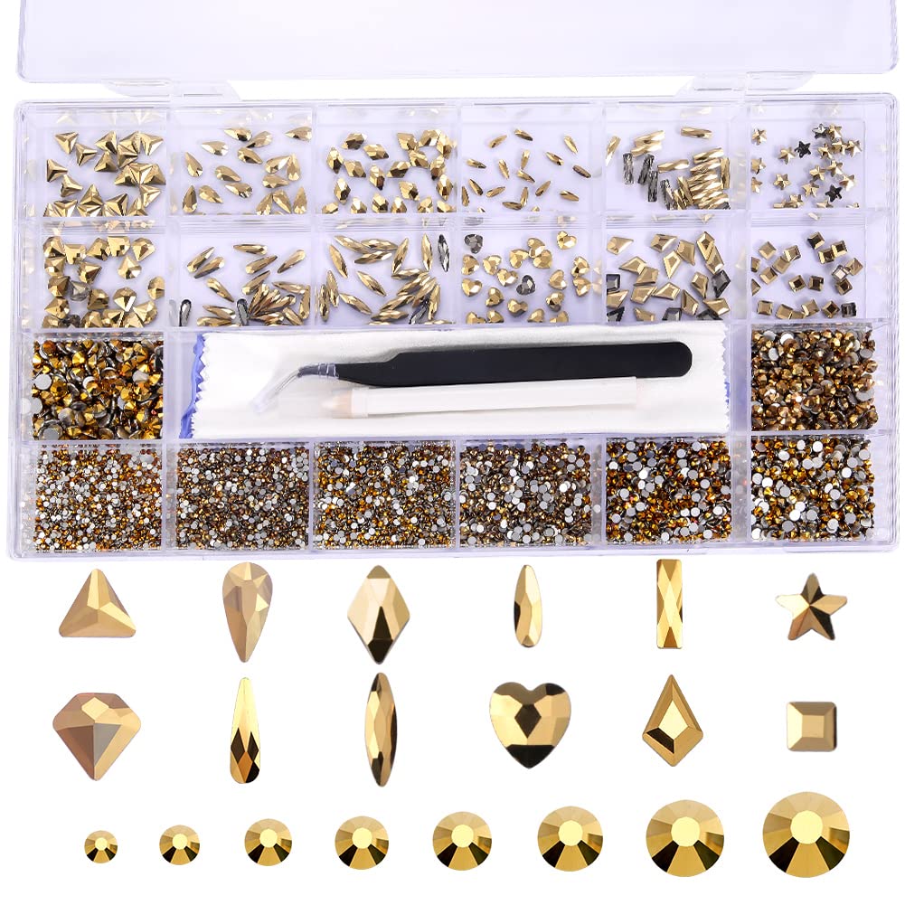 7800Pcs Glass Crystals Rhinestone for Nail Art Crafts,Multi Shapes Nail Gems Flatback Rhinestone,Jewels Diamonds Stone Kit with Picking Pen,1 Tweezers,1 Cleaning Cloth,1 Pair Gloves(Gold)