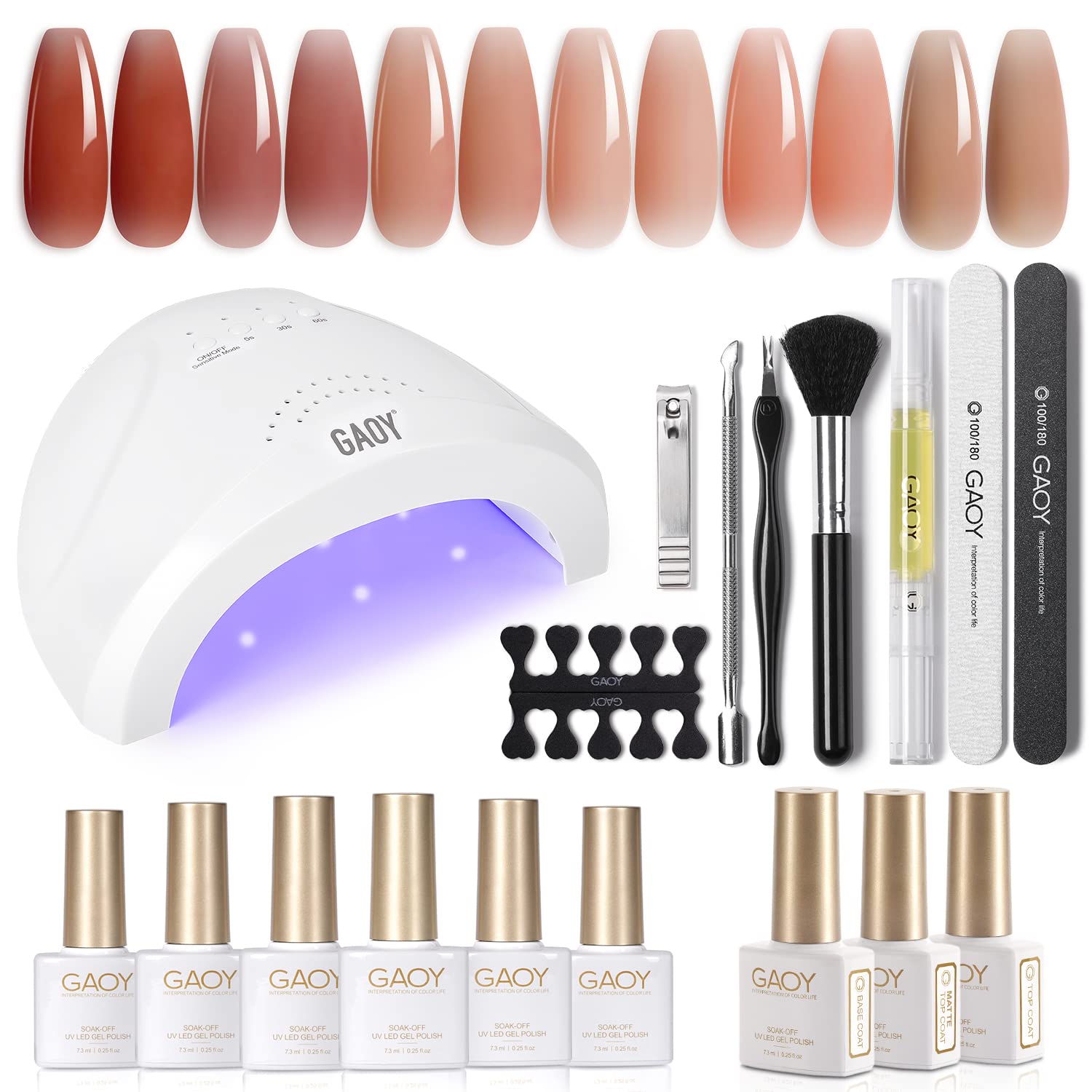 GAOY Gel Nail Polish Kit with U V Light, 6 Jelly Nude Colors Gel Polish Set with Glossy & Matte Top Coat and Base Coat for Nail Art DIY Manicure and Pedicure at Home