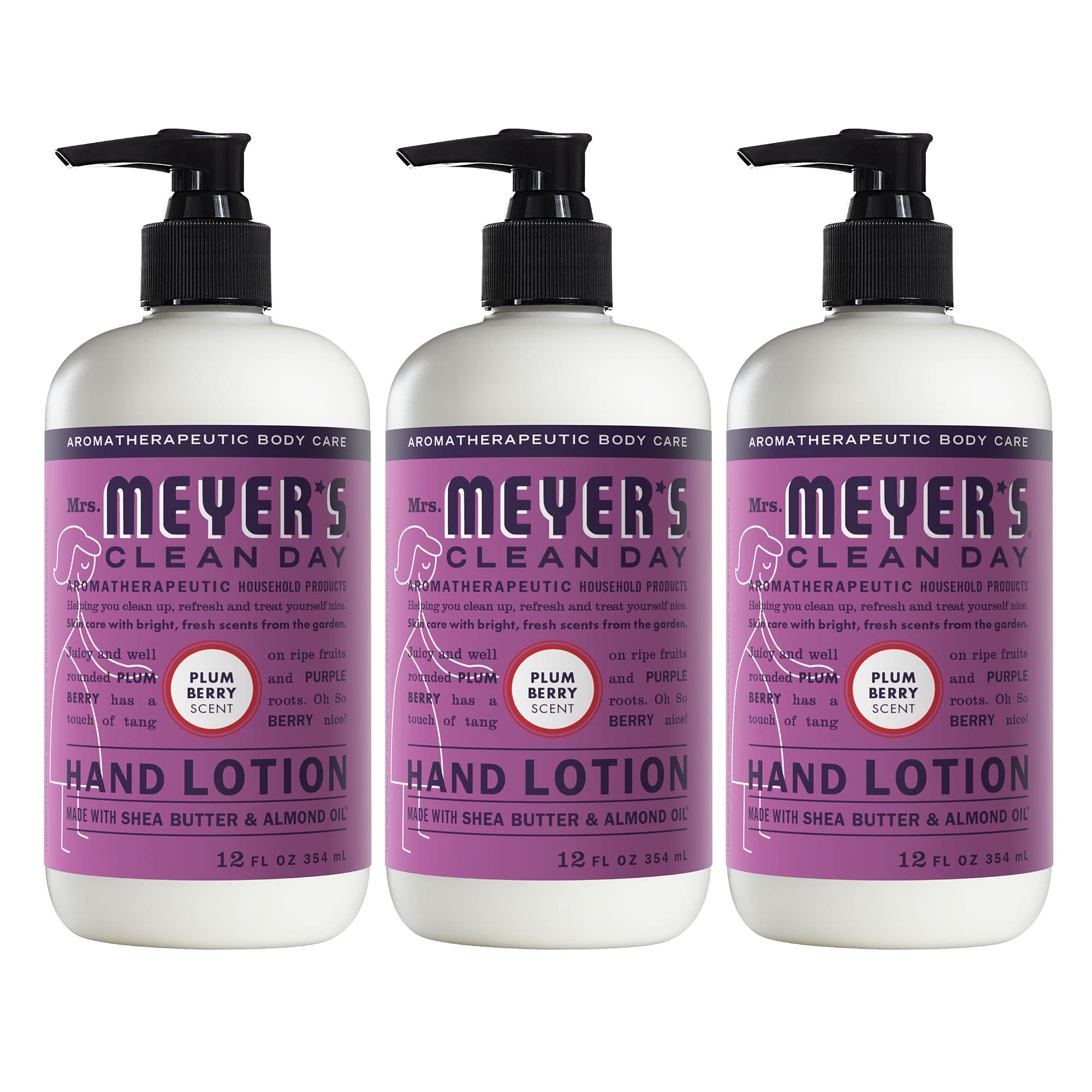 MRS. MEYER'S CLEAN DAY Hand Lotion for Dry Hands, Non-Greasy Moisturizer Made with Essential Oils, Plum Berry, 12 oz Bottles, Pack of 3