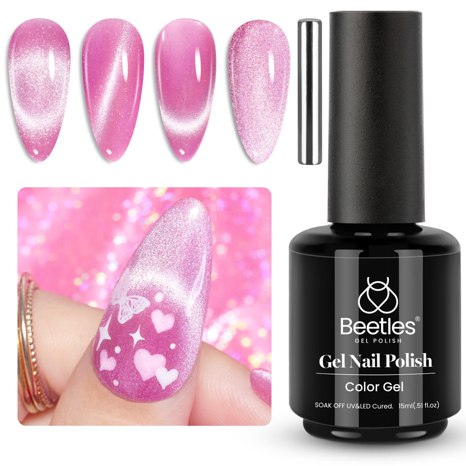 beetles Pink Gel Polish Cat Eye Gel Nail Polish with Magnet Pink Gel Nail Polish Jelly Gel Nail Polish Silver Shimmer Velvet Soak Off Uv Led Gel Nail Polish Home Diy Manicure Beetles Nails