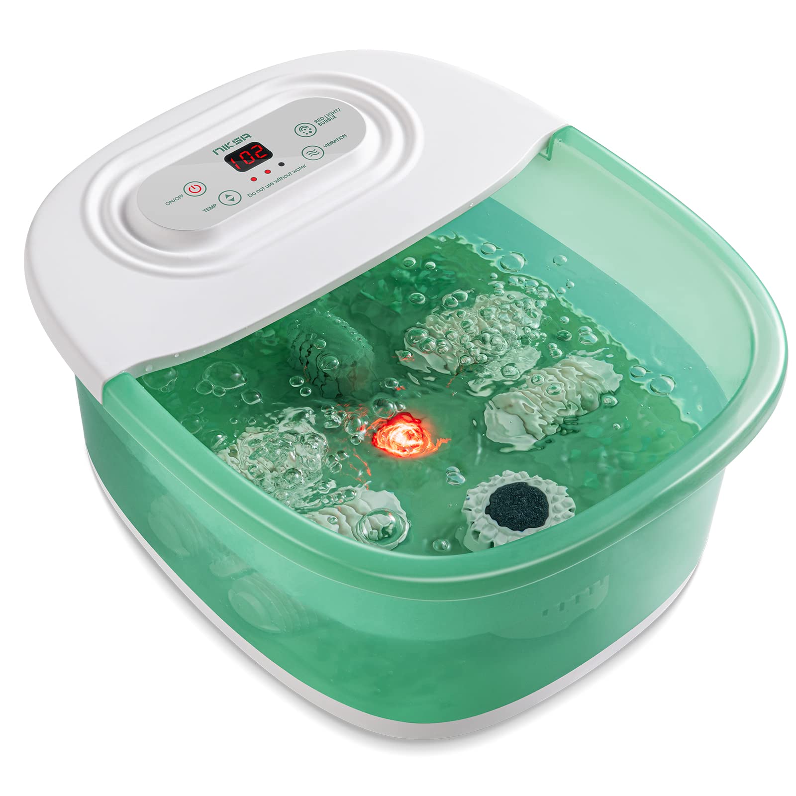 Niksa Foot Spa Bath Massager with Heat, Bubbles, Vibration and Red Light,4 Massage Roller Pedicure Foot Spa Tub for Feet Stress Relief,Foot Soaker with Mini Acupressure Massage Points Green