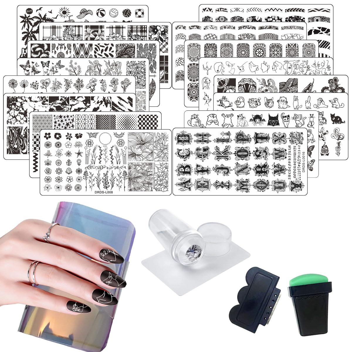 VNC 21 Pcs Nail Stamp Plates Set 16 Plate 2Stamper and 2 Scraper 1storage Bag Nails Art Stamping Plate Scraper Stamper Set Leaves Flowers Animal Nail Plate Template Image Plate Set