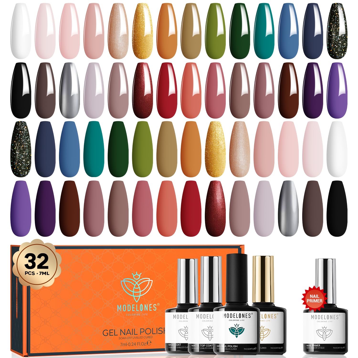 modelones 32 PCS Gel Nail Polish Kit, 28 Colors Gel Polish Set with Glossy&Matte Top Base Coat + Bond Primer, Nude Blue Green Brown Glitter Nails Gifts for Women DIY Salon Home