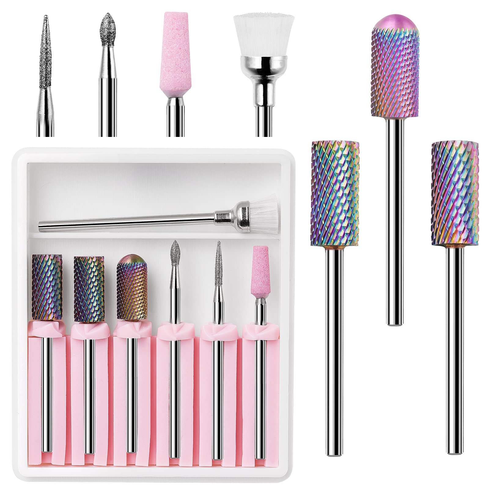 Makartt Nail Drill Bits, 7Pcs Tungsten Carbide Diamond Ceramic Nail Drill Bit Set For Acrylic Nails 3/32 Drill Bits For Nail Drill Remover Gel Polish Poly Nail Gel Nails Cuticles