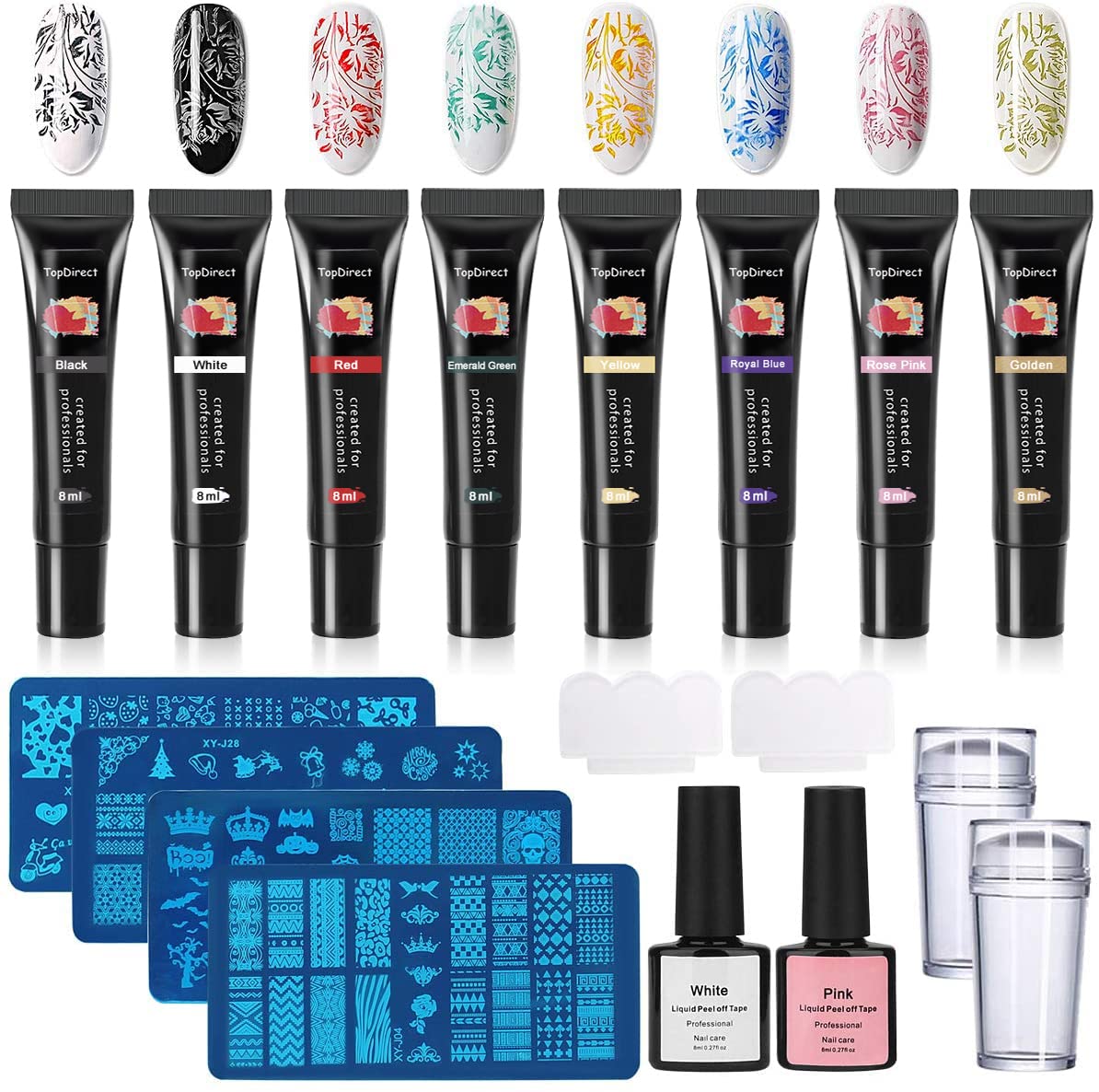 TopDirect 8 Colors Nail Stamping Gel Polish 8ml + 4pcs Nail Stamp Templates + 2 x 8 ml Liquid Latex Peel off Tape + 1 Stampers with 2 Scrapers, Nail Art Kit 36 Design Scraper Plate Print Manicure Tool