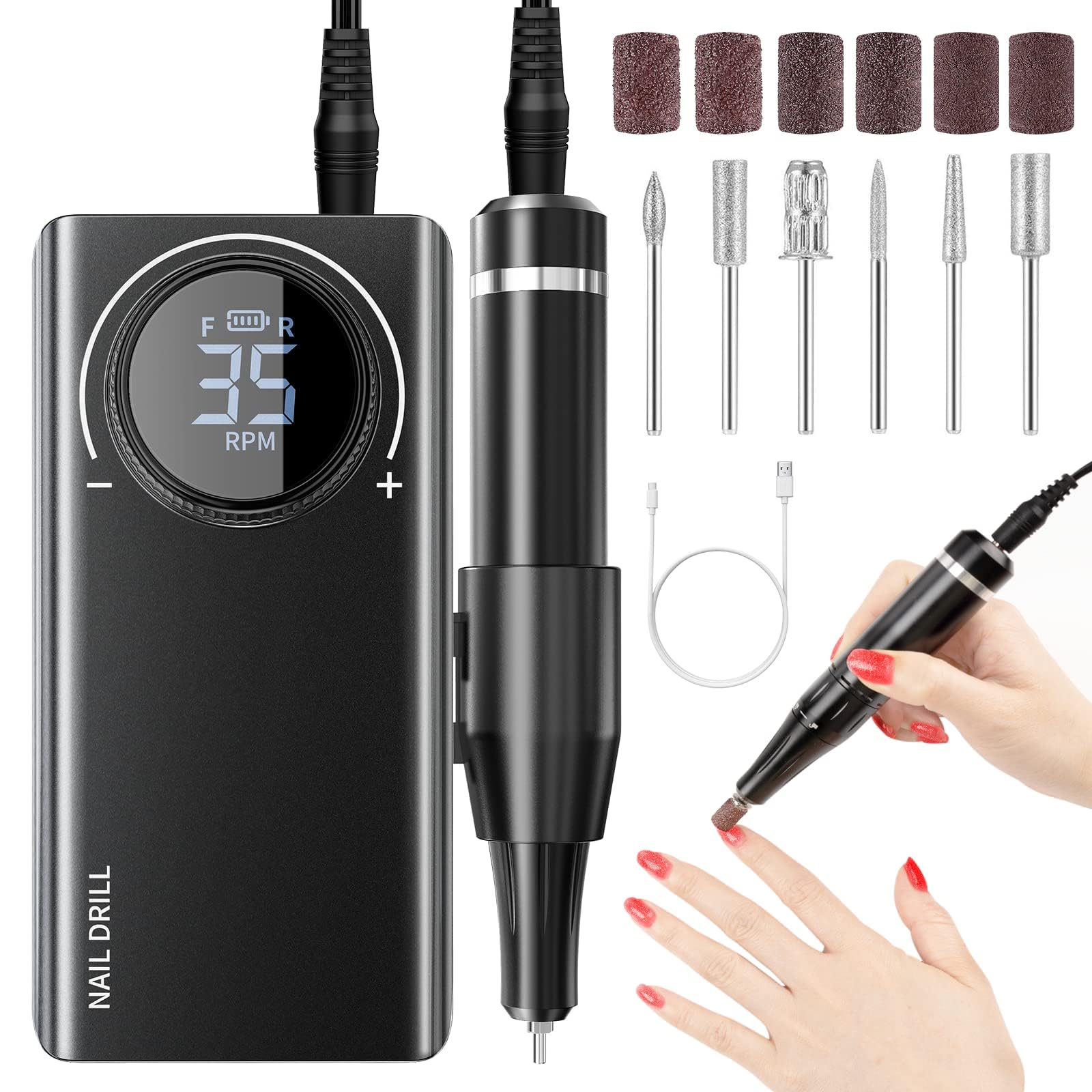 AISEELY Portable Electric Nail Drill, 35000 RPM Electric Nail File for Acrylic Nails Professional with Nail Drill Bits for Nails Manicure Tools and Pedicure Kit Salon Use, Black