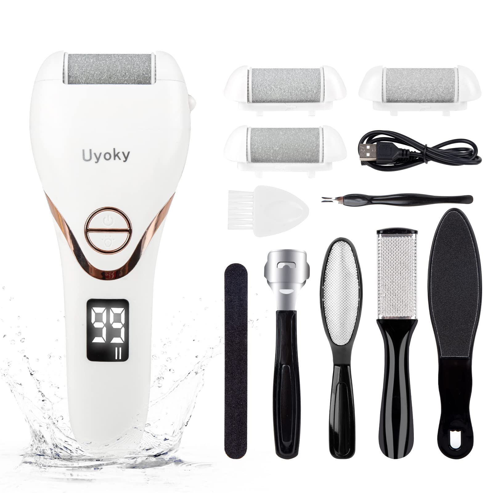 Uyoky Electric Callus Removers for Feet, Rechargeable Foot File Pedicure Kits, Waterproof 2 Speed Foot Scrubber Professional Foot Care Tools for Dead Skin Cracked Heels with 3 Roller Heads (White)