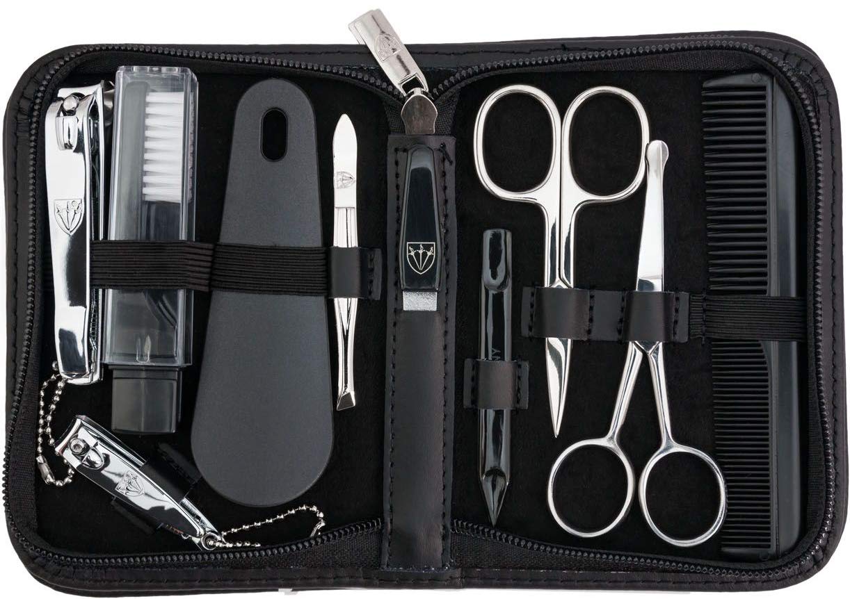 3 Swords Germany – brand quality 10 piece manicure pedicure grooming kit set for nail care tweezers file clipper, Made by 3 Swords (BLACK - GENUINE LEATHER)
