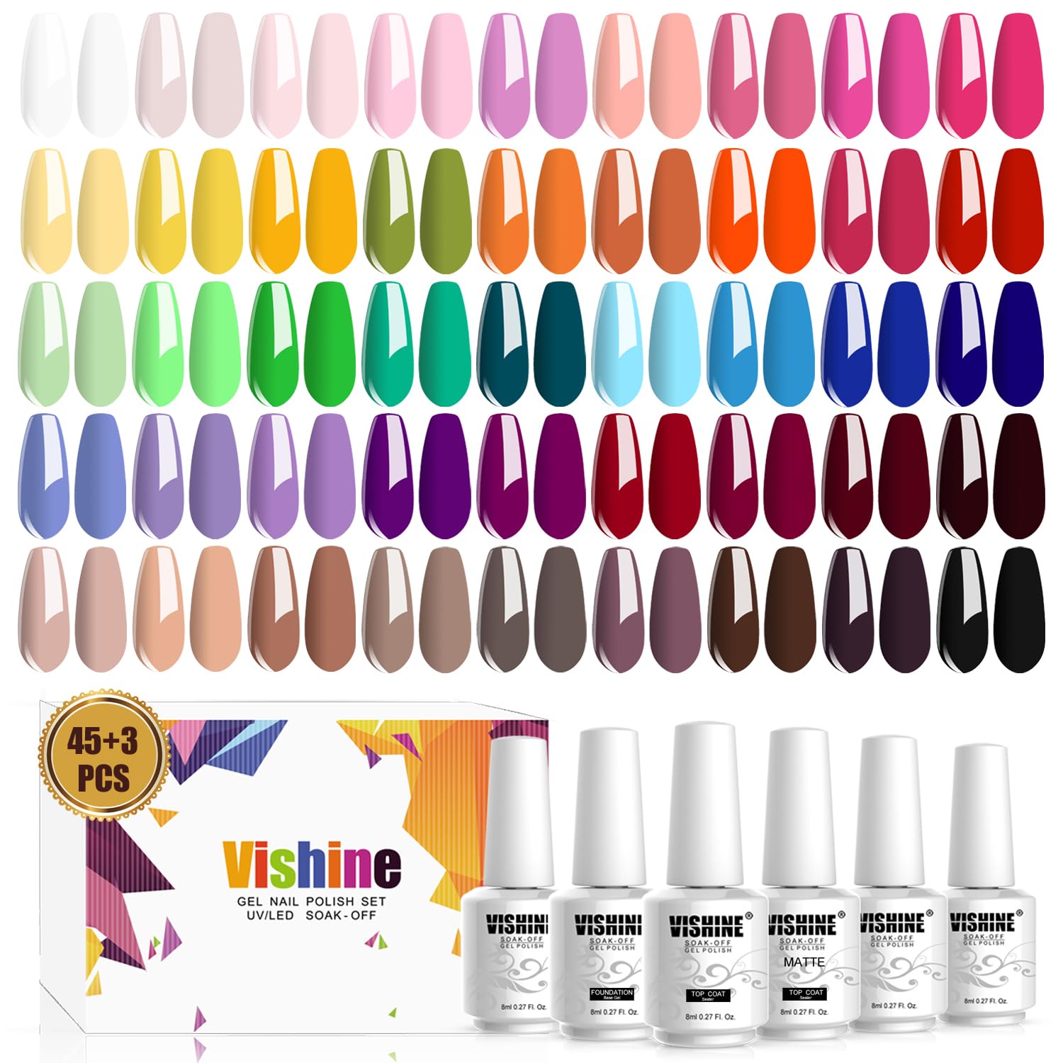 Vishine Gel Nail Polish Set - 45 Color Gel Nail Polish with Base Top Coat Lasting Nail Gel Polish Soak Off UV LED Gel Polish Manicure Kit 48Pcs 8ml
