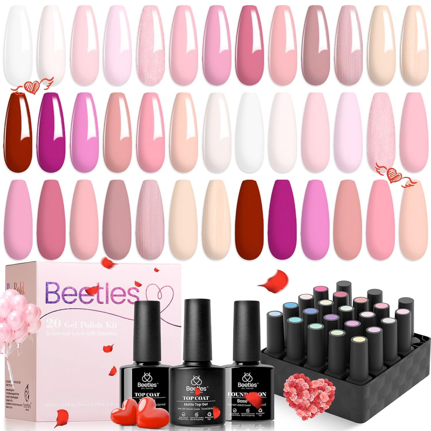 Beetles Gel Nail Polish 23Pcs Nail Set Dare to Bare Collection Nude Pink White Neutral Soak off Uv Led Lamp Needed Manicure with 3Pcs Base Matte and Glossy Top All Seasons for Women