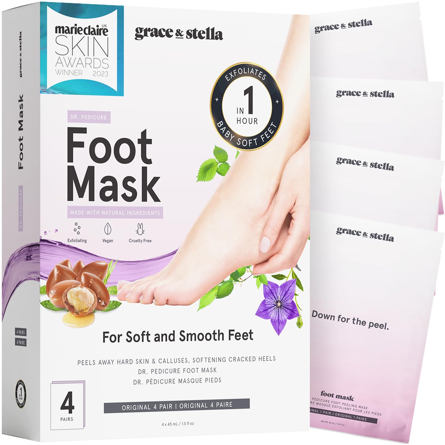Grace & Stella Award-Winning Foot Peeling Mask - Foot Peel Masks (4 Pairs, Unscented) - Moisturizing Foot Masks That Remove Dead Skin, Exfoliating Foot Mask for Dry Cracked Feet, Feet Peeling Mask
