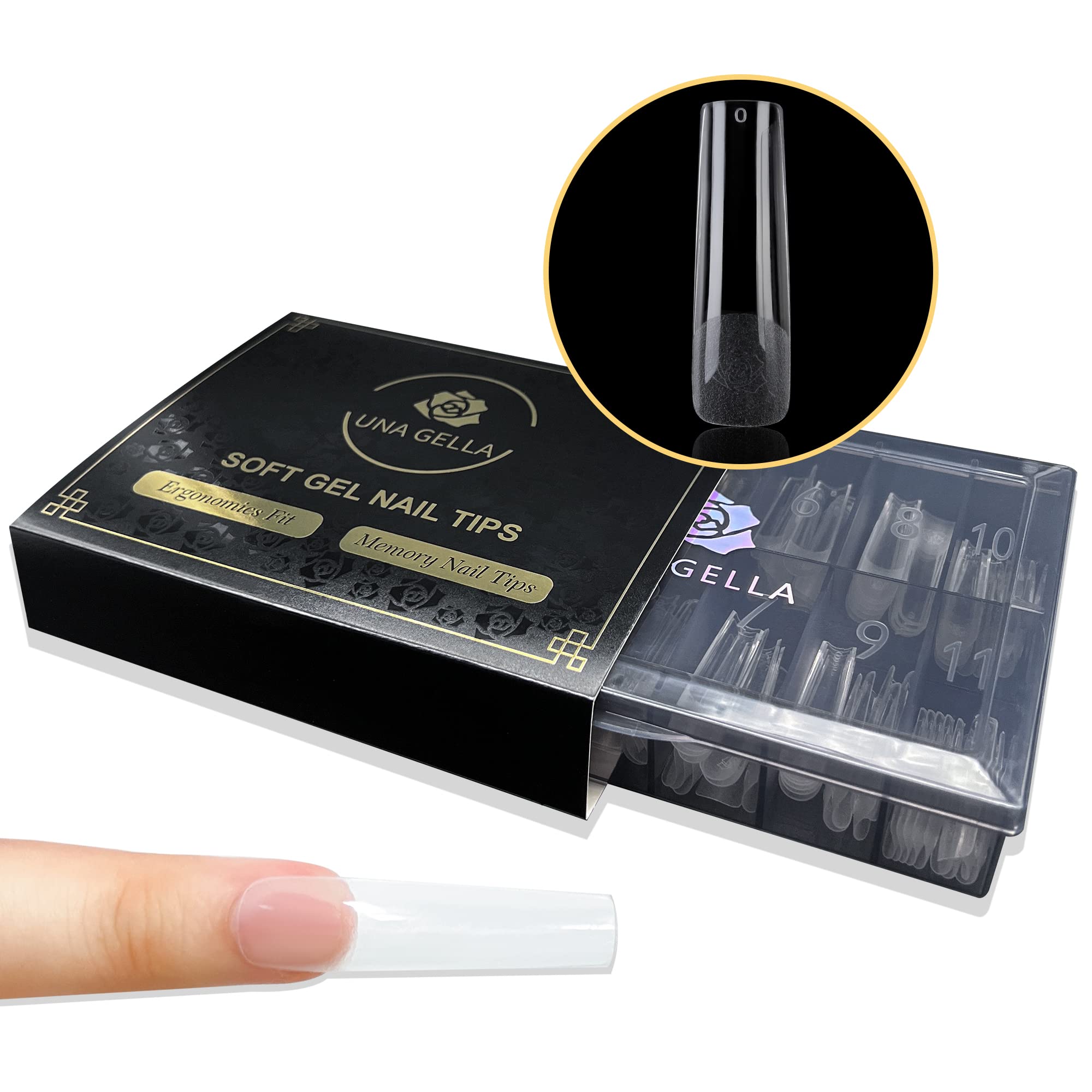 UNA GELLA Soft Gel Nail Tips Long Pre-file | 240 Square Gel Tips XXL | Full Cover No C Curve Extra Long Full Cover Tapered Square Nails Extension Home DIY Salon with Box