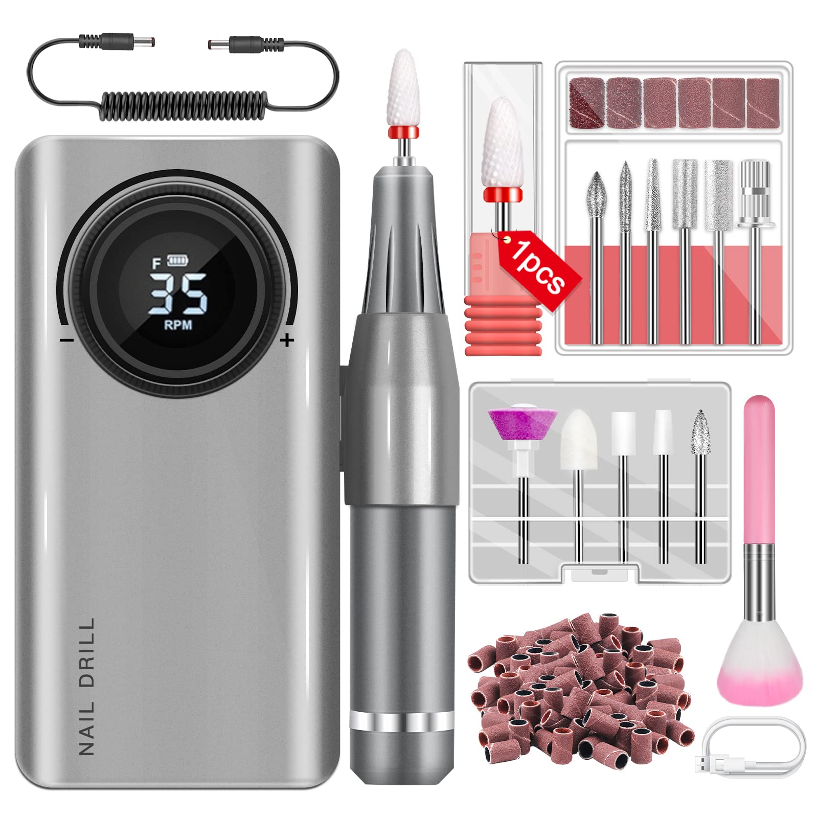 Saviland Electric Nail Drill, 35000RPM Nail Drill Machine–Rechargeable Nail Drill Electric Nail File with 12 Nail Bits for Acrylic Nails Professional Nail Care Tools Manicure Pedicure Home Salon Use